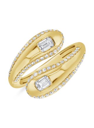 0.82CT EMERALD SHAPE AND ROUND DIAMOND BEZEL SET WRAP RING