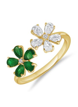1.32CT EMERALD, PEAR SHAPE AND ROUND DIAMOND FLOWER WRAP RING