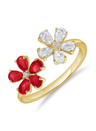 1.32CT RUBY, PEAR SHAPE AND ROUND DIAMOND FLOWER WRAP RING
