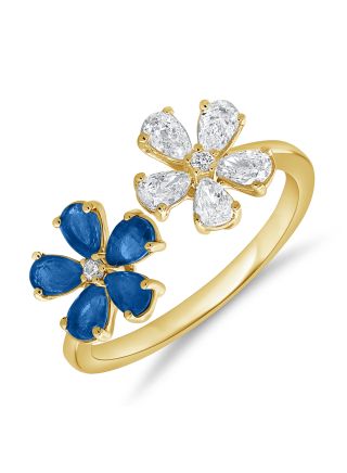 1.32CT SAPPHIRE, PEAR SHAPE AND ROUND DIAMOND FLOWER WRAP RING