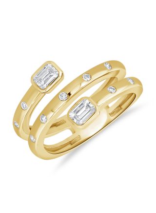 0.61CT EMERALD SHAPE AND ROUND DIAMOND BEZEL SET WRAP RING