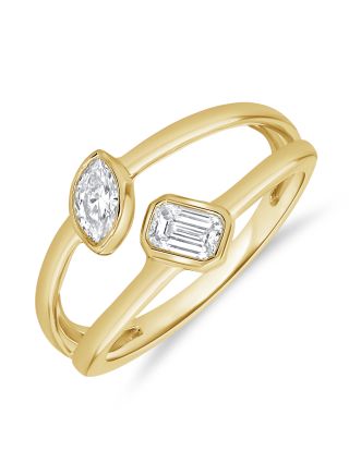 0.45CT EMERALD SHAPE AND MARQUISE SHAPE DIAMOND BEZEL SET RING