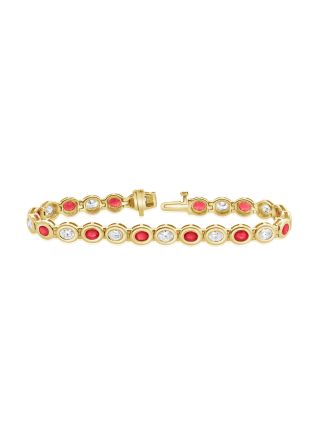5.06CT RUBY AND OVAL SHAPE DIAMOND BEZEL SET TENNIS BRACELET