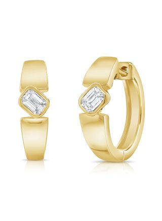 0.28CT EMERALD SHAPE DIAMOND SOLITAIRE BEZEL SET HUGGIE EARRINGS