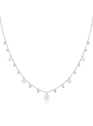 4.76CT PEARL AND DIAMOND BEZEL STATION NECKLACE