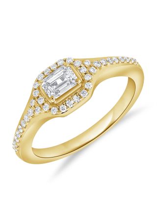 0.63CT EMERALD SHAPE AND ROUND DIAMOND RING