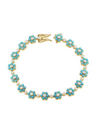 4.48CT TURQUOISE AND ROUND DIAMOND FLOWER TENNIS BRACELET