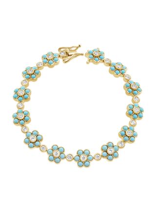 5.95CT TURQUOISE AND ROUND DIAMOND FLOWER TENNIS BRACELET