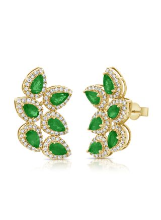 3.30CT EMERALD AND DIAMOND LEAF STUD EARRINGS