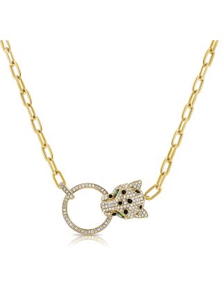 .62CT GREEN TSAVORITE AND DIAMOND PANTHER PAPERCLIP NECKLACE