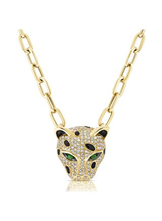 .63CT GREEN TSAVORITE AND DIAMOND PANTHER PAPERCLIP NECKLACE