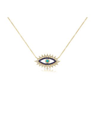 1.17CT TURQUOISE , SAPPHIRE AND DIAMOND EVIL EYE PENDANT NECKLACE