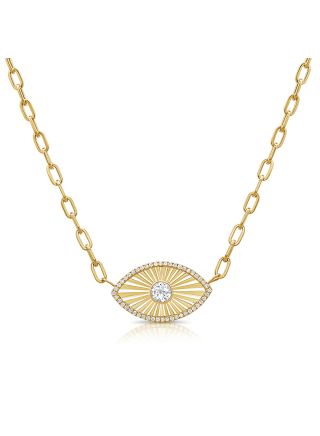 .81CT WHITE TOPAZ AND DIAMOND FLUTED EVIL EYE PENDANT PAPERCLIP NECKLACE