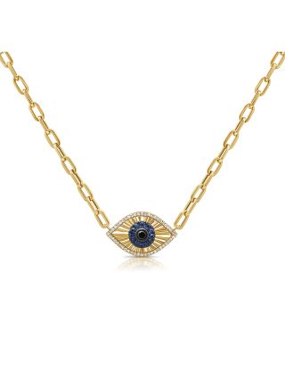 .39CT SAPPHIRE AND DIAMOND EVIL EYE PENDANT NECKLACE