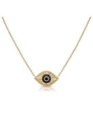 .37CT SAPPHIRE AND DIAMOND FLUTED EVIL EYE PENDANT NECKLACE