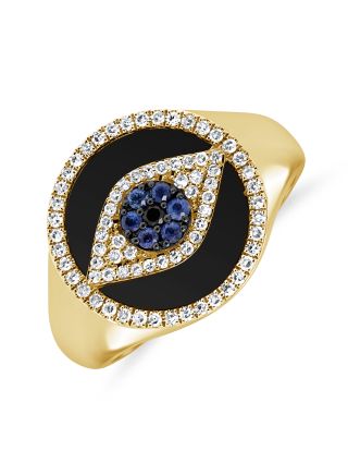 0.42CT BLACK AGATE, SAPPHIRE AND DIAMOND EVIL EYE RING