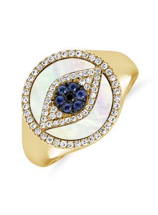 0.42CT MOTHER OF PEARL, SAPPHIRE AND DIAMOND EVIL EYE RING