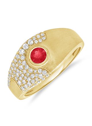 0.71CT RUBY AND ROUND DIAMOND BEZEL SET RING