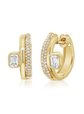 .74CT EMERALD SHAPE AND ROUND DIAMOND BEZEL HUGGIE EARRINGS