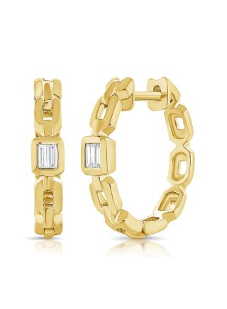 .08CT BAGUETTE DIAMOND BEZEL SET PAPERCLIP LINK HUGGIE EARRINGS