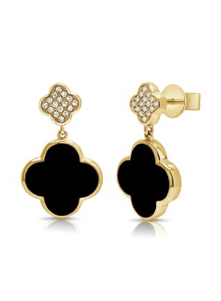 3.46CT BLACK AGATE AND DIAMOND CLOVER DROP EARRINGS