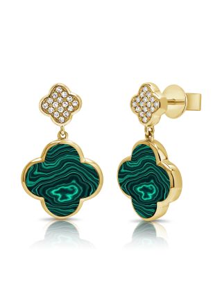 3.90CT MALACHITE AND DIAMOND CLOVER DROP EARRINGS