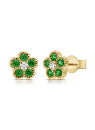 0.42CT EMERALD AND DIAMOND FLOWER STUD EARRINGS