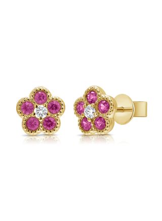 0.42CT PINK SAPPHIRE AND DIAMOND FLOWER STUD EARRINGS
