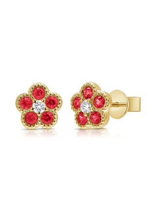 0.42CT RUBY AND DIAMOND FLOWER STUD EARRINGS