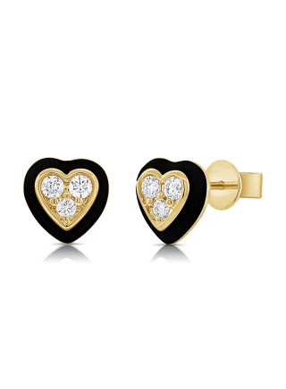 .19CT BLACK ENAMEL AND DIAMOND HEART STUD EARRINGS