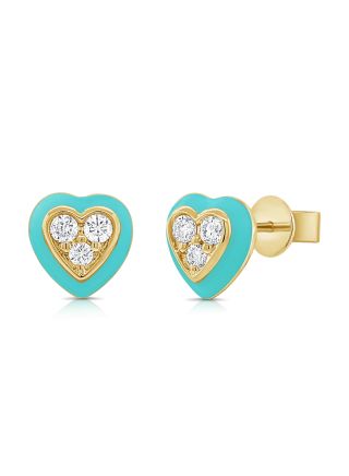 .19CT BLUE ENAMEL AND DIAMOND HEART STUD EARRINGS