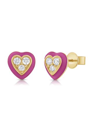 .19CT PINK ENAMEL AND DIAMOND HEART STUD EARRINGS