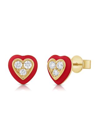 .19CT RED ENAMEL AND DIAMOND HEART STUD EARRINGS