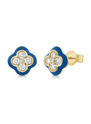 .30CT BLUE ENAMEL AND DIAMOND CLOVER STUD EARRINGS