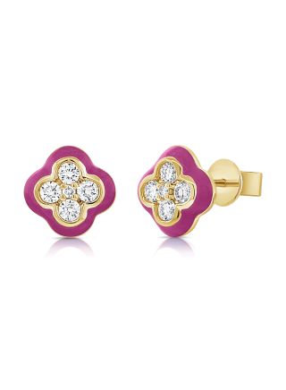 .30CT PINK ENAMEL AND DIAMOND CLOVER STUD EARRINGS