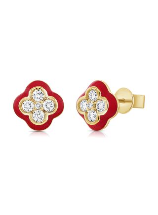 .30CT RED ENAMEL AND DIAMOND CLOVER STUD EARRINGS