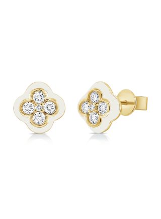 .30CT WHITE ENAMEL AND DIAMOND CLOVER STUD EARRINGS