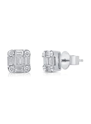 1.04CT BAGUETTES AND ROUND DIAMOND STUD EARRINGS