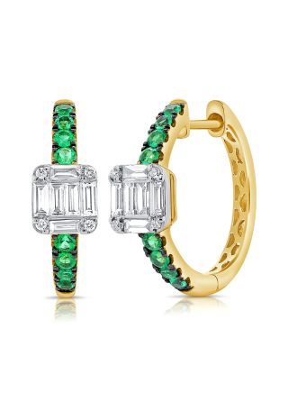 .69CT EMERALD, BAGUETTES AND ROUND DIAMOND HUGGIE EARRINGS