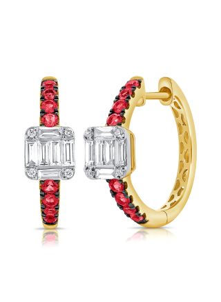 .77CT RUBY, BAGUETTES AND ROUND DIAMOND HUGGIE EARRINGS