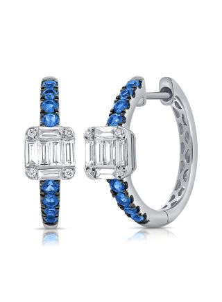 .76CT SAPPHIRE, BAGUETTES AND ROUND DIAMOND HUGGIE EARRINGS