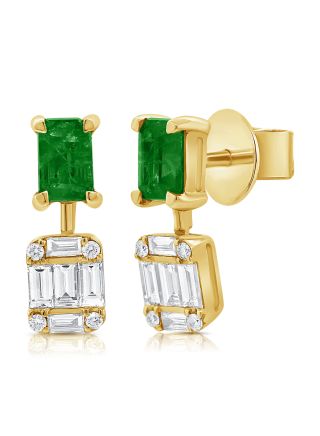1.56CT EMERALD, BAGUETTES AND ROUND DIAMOND  DROP EARRINGS
