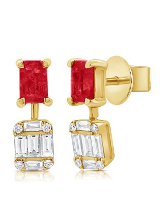 1.87CT RUBY, BAGUETTES AND ROUND DIAMOND  DROP EARRINGS