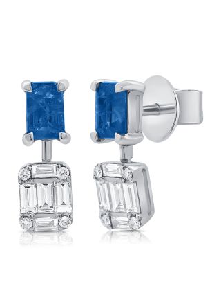 1.91CT SAPPHIRE, BAGUETTES AND ROUND DIAMOND DROP EARRINGS