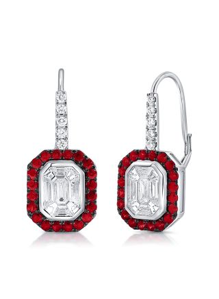 29.92CT RUBY AND PIE CUT DIAMOND ILLUSION LEVERBACK EARRINGS