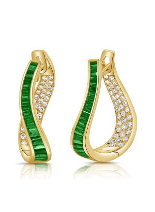 2.81CT EMERALD AND DIAMOND CURVED HOOP EARRINGS