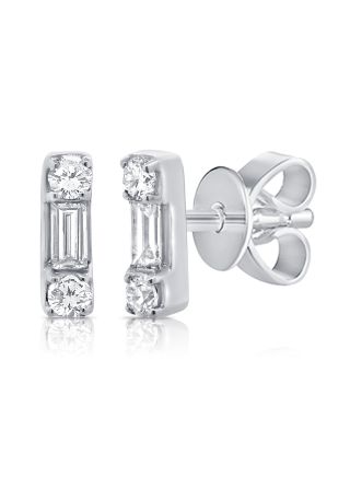 .12CT BAGUETTES AND ROUND DIAMOND BAR STUD EARRINGS