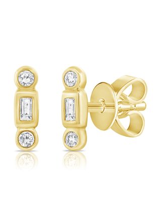.07CT BAGUETTES AND ROUND DIAMOND BEZEL SET STUD EARRINGS