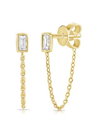 .12CT BAGUETTE DIAMOND SOLITAIRE BEZEL SET STUD WITH CHAIN EARRINGS