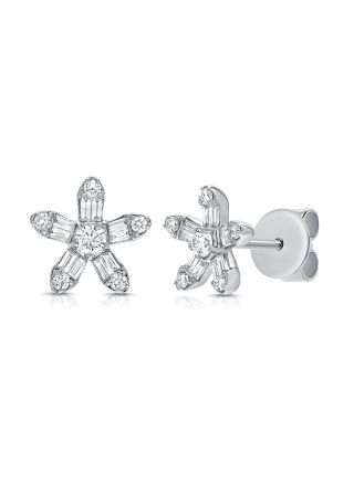 0.31CT BAGUETTES AND ROUND DIAMOND FLOWER STUD EARRINGS